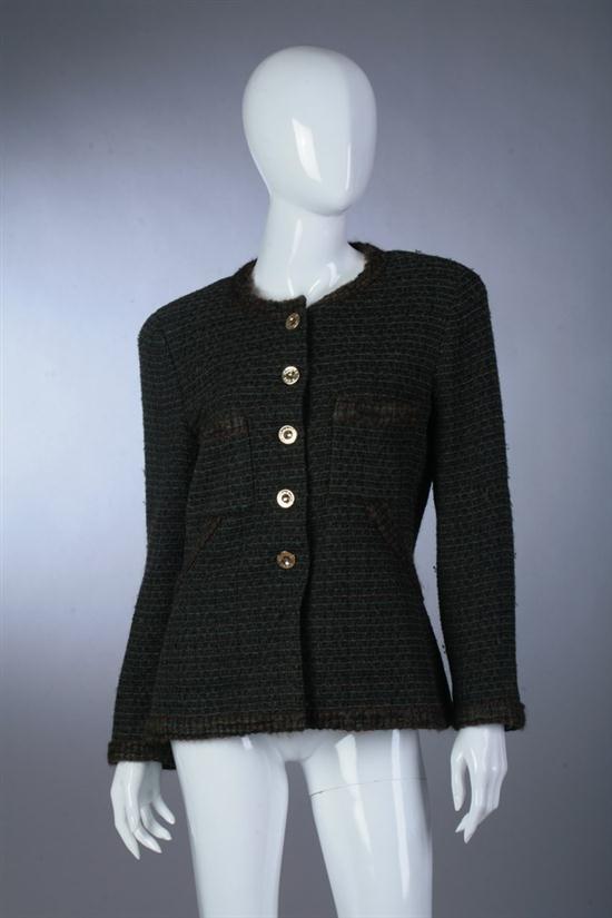 CHANEL GREEN WOOL BOUCL? JACKET mid-1990s.