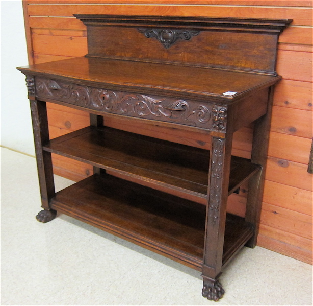 THREE TIER CARVED OAK SERVING STAND 16db1e