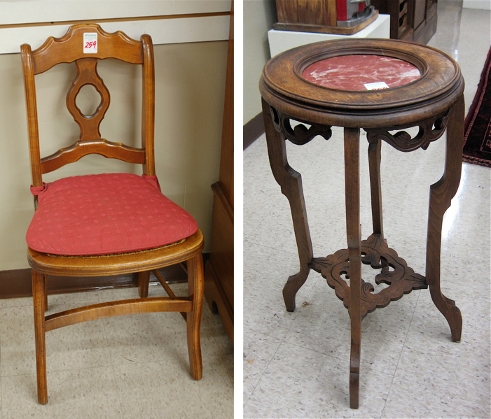 VICTORIAN SIDE CHAIR AND PEDESTAL TABLE