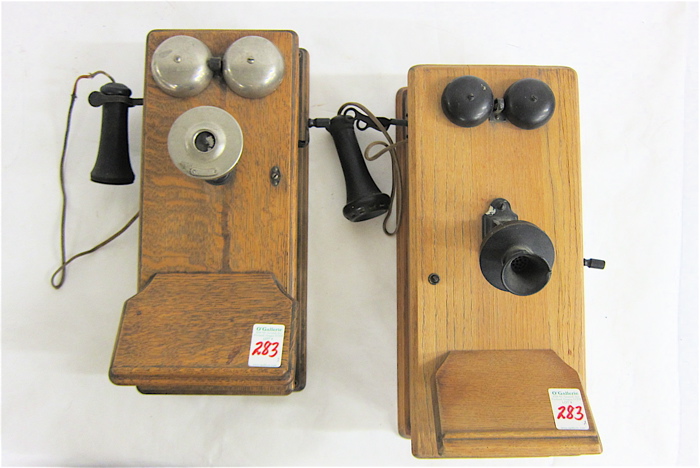 TWO AMERICAN OAK WALL TELEPHONES: