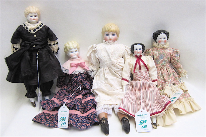 FIVE CHINA HEAD DOLLS nicely dressed.