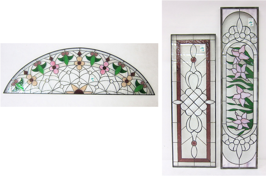THREE STAINED AND LEADED GLASS