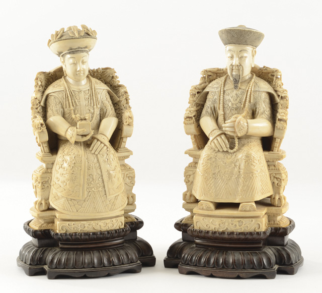 PAIR CHINESE CARVED IVORY FIGURES emperor