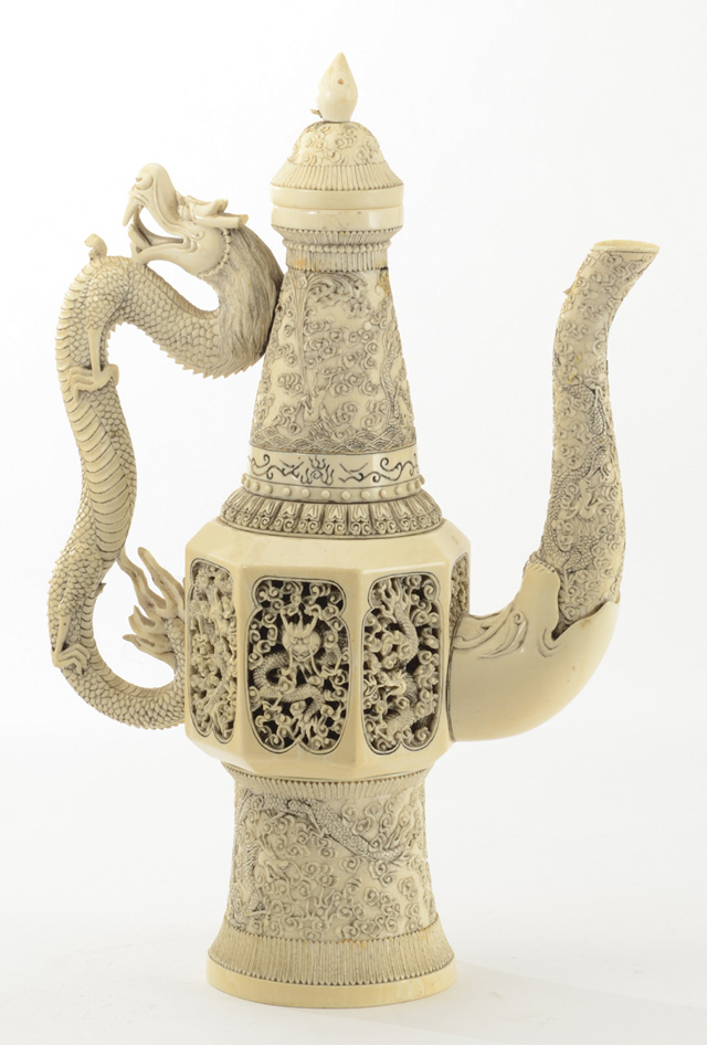 IVORY CARVED CHINESE COVERED EWER