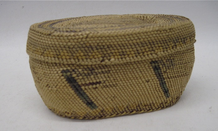 MAKAH INDIAN COVERED BASKET. Hand