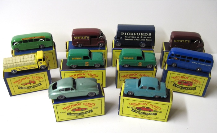 TEN MATCHBOX TOY VEHICLES IN MOKO LENSEY