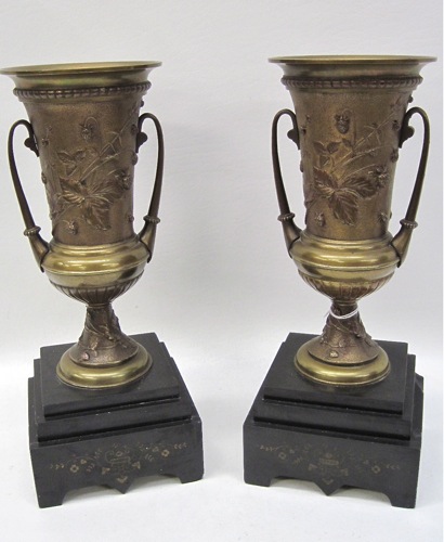 PAIR BRONZE AND MARBLE URNS having