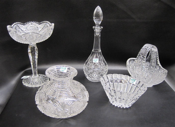 FIVE PIECES HAND CUT AND ENGRAVED CRYSTAL: