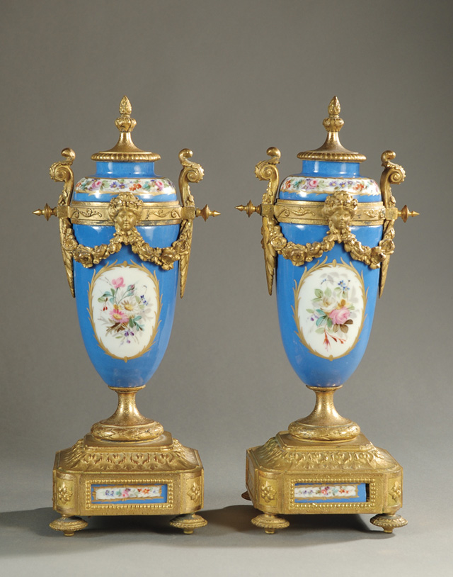 FRENCH PAIR PORCELAIN COVERED URNS