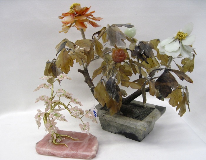 TWO CHINESE JADE TREES: carved carnelian