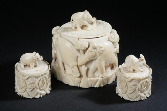 THREE INDIAN IVORY BOXES Carved 16e181
