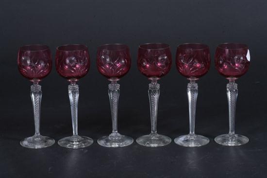 SIX ETCHED CRANBERRY GLASS GOBLETS.