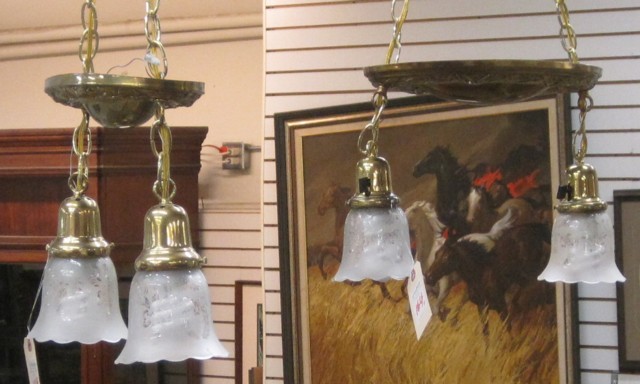 A PAIR OF BRASS TWO LIGHT CEILING 16e306
