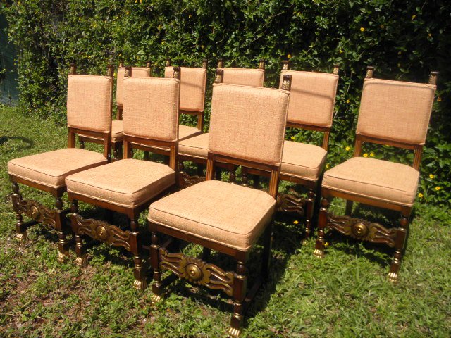 Lot of eight gilded mahogany upholstered