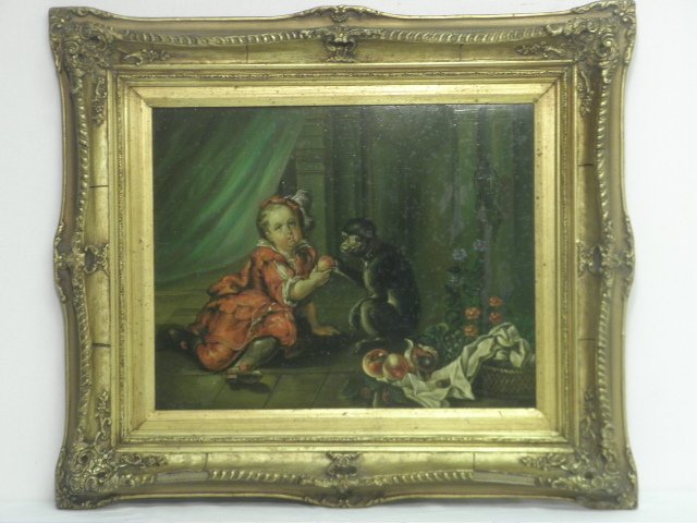 A framed painting on panel depicting