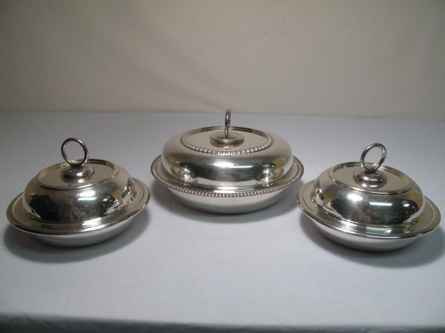 Lot of three silver plate lidded serving