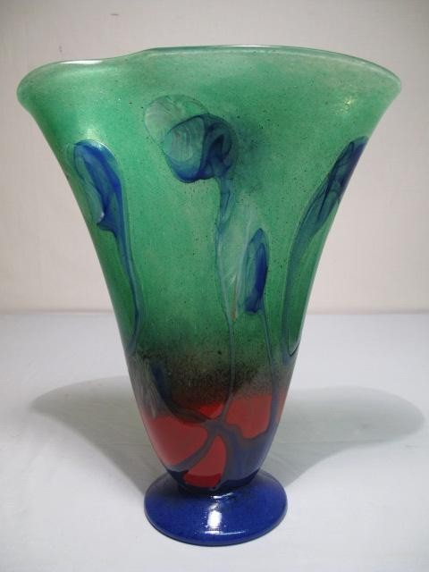 Blue Green art glass vase. Signed