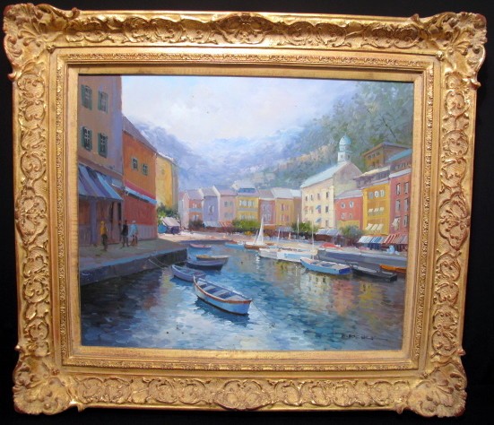 Oil painting on canvas of a harbor 16c3df