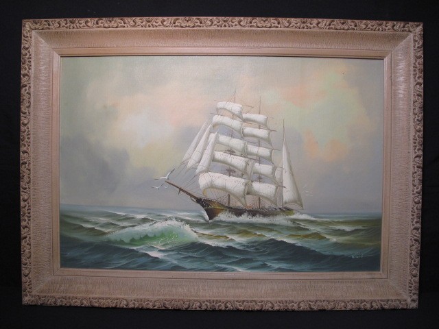 Oil on canvas painting of a clipper
