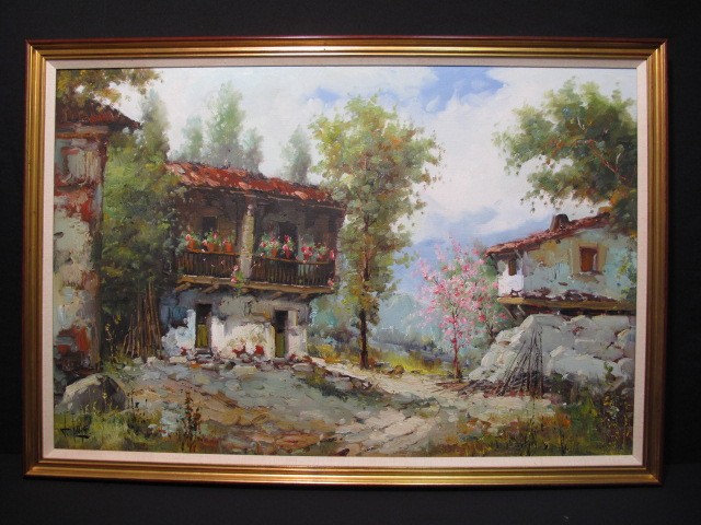 Oil on canvas framed village scene 16c3e2