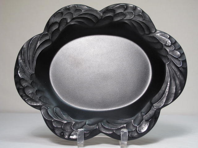 Black frosted art glass tray signed