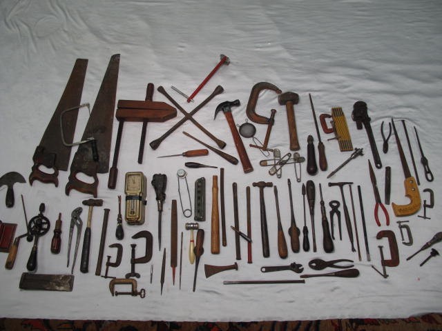 Box lot of assorted antique tools.