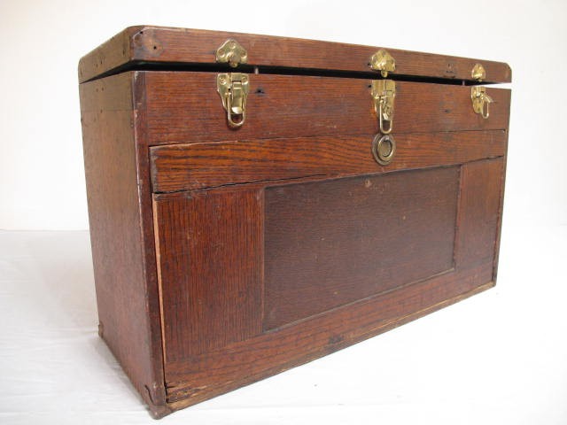 Antique wooden machinist's toolbox.