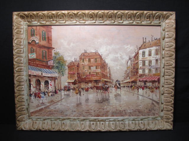 Framed oil on canvas street scene