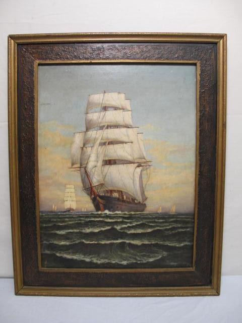 Oil on board painting of a clipper ship.