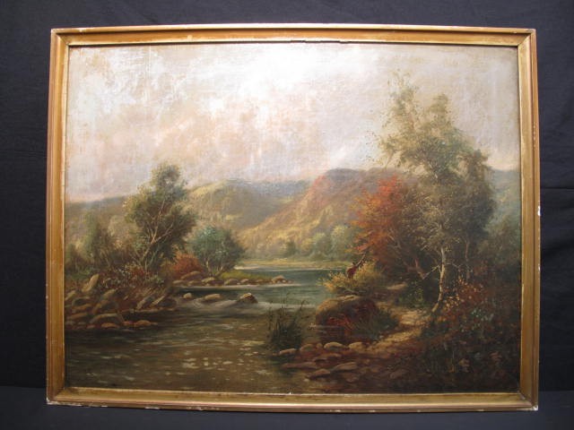 Oil on canvas landscape fisherman