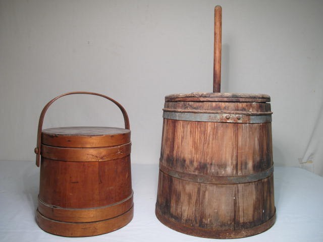 Antique wooden butter churn with iron