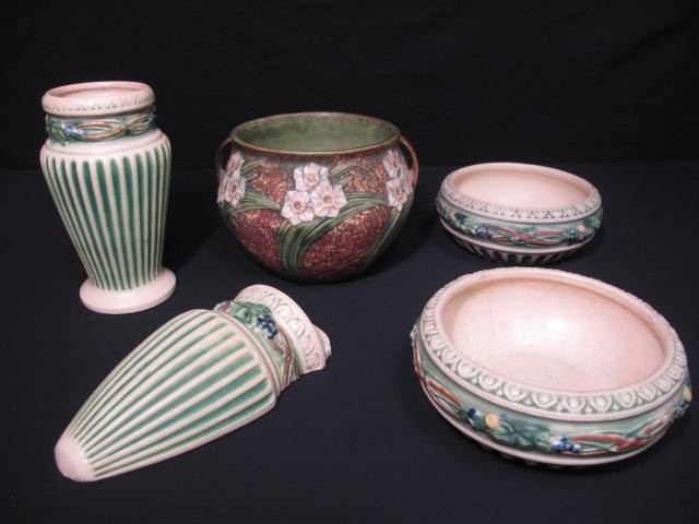 Assorted Roseville art pottery pieces.