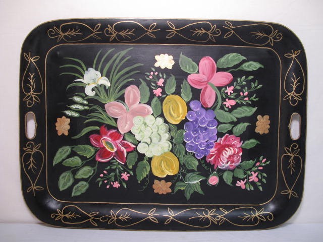 Hand painted metal serving tray. Floral