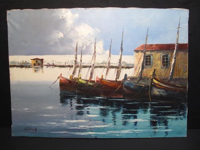 Oil on canvas painting of boats