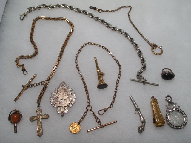 Assorted watch chains & key fobs. Includes