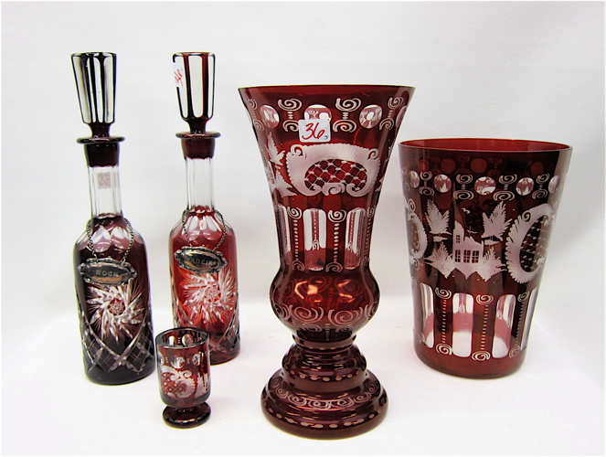 FIVE PIECES BOHEMIAN RUBY RED TABLEWARE 16f30b