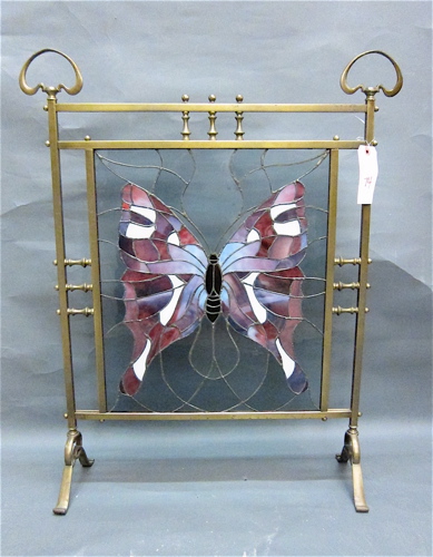 BRASS AND LEADED GLASS FIRE SCREEN