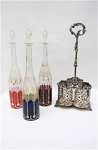 BOHEMIAN DECANTER SET & SILVERED STAND