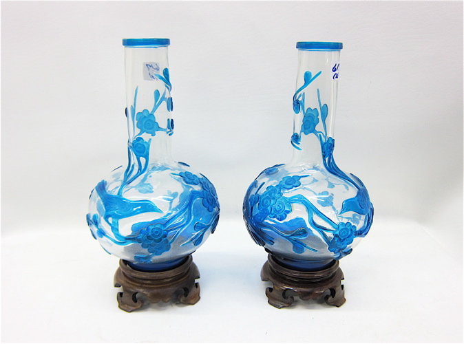 PAIR CHINESE CARVED PEKING GLASS VASES.