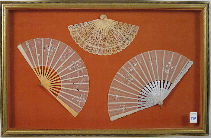 THREE CHINESE HAND FANS with carved