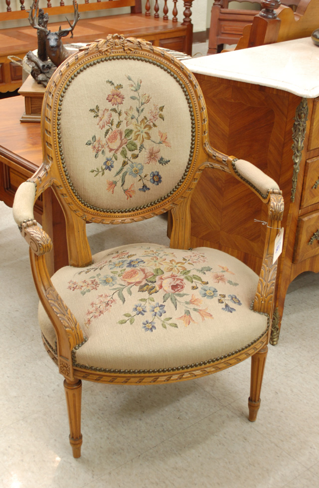 LOUIS XVI STYLE NEEDLEPOINT FAUTEUIL