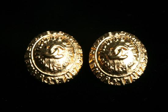 CHANEL GOLD-TONE LOGO EARRINGS Signed.