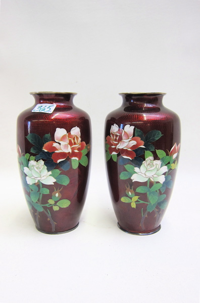 PAIR JAPANESE PIGEON BLOOD CLOISONNE