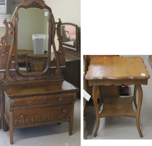 AN OAK VANITY DRESSER AND LAMP TABLE