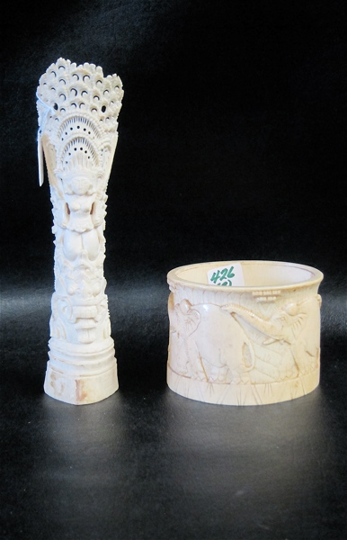 AN AFRICAN IVORY CARVED BOWL AND ASIAN