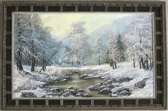 OIL ON CANVAS a forested winter landscape.