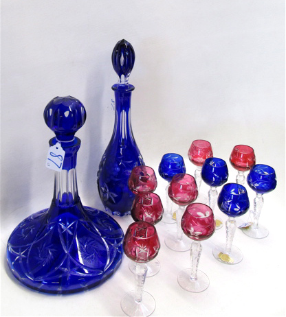 13 CUT AND COLORED CRYSTAL DECANTERS