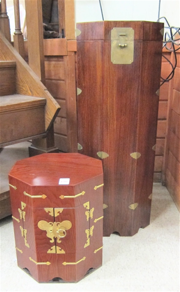 TWO OCTAGONAL WOOD STORAGE BOXES