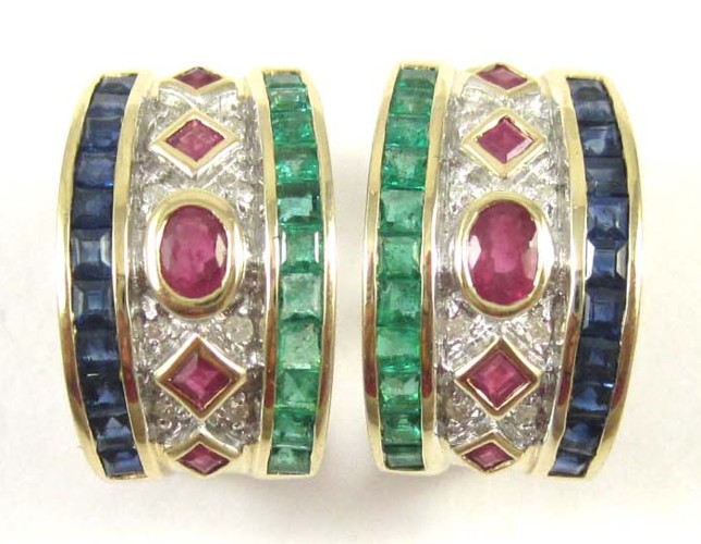 PAIR OF SAPPHIRE EMERALD AND RUBY