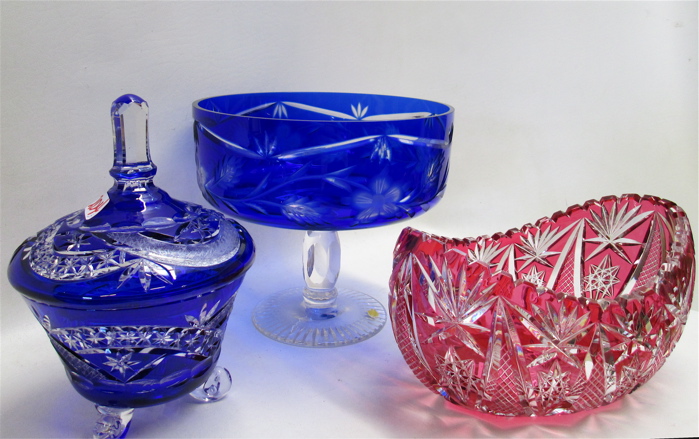 3 ASSORTED CUT & COLORED CRYSTAL TABLEWARE: